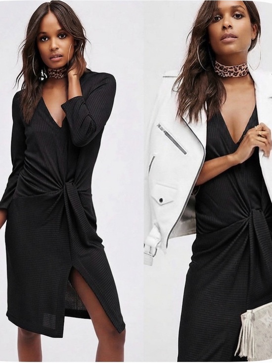 Free People Dresses & Skirts - Free People Black Irene Twist Knit Dress Ribbed Slit Large